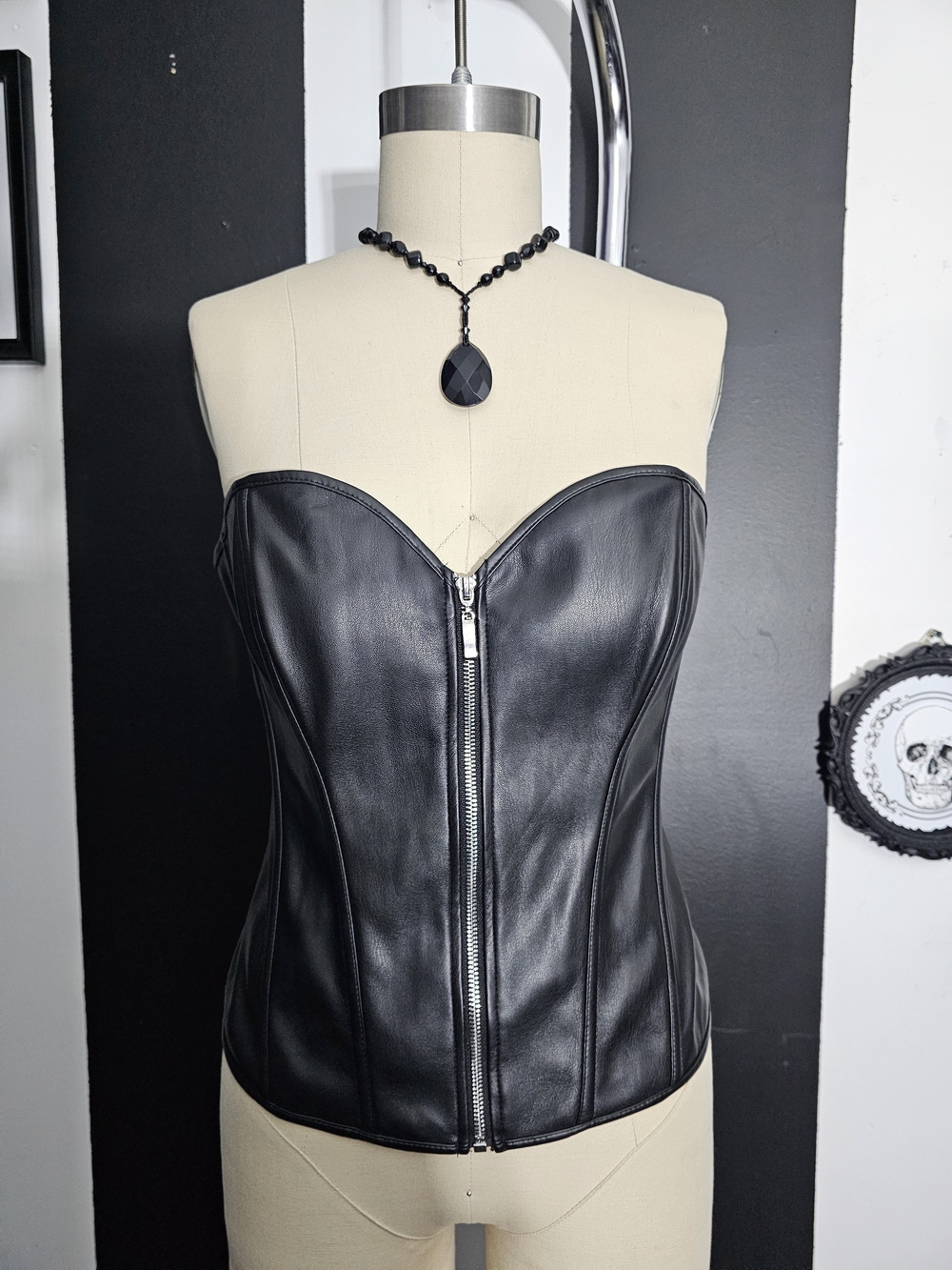 Faux Leather Zip-Front Strapless Corset Top